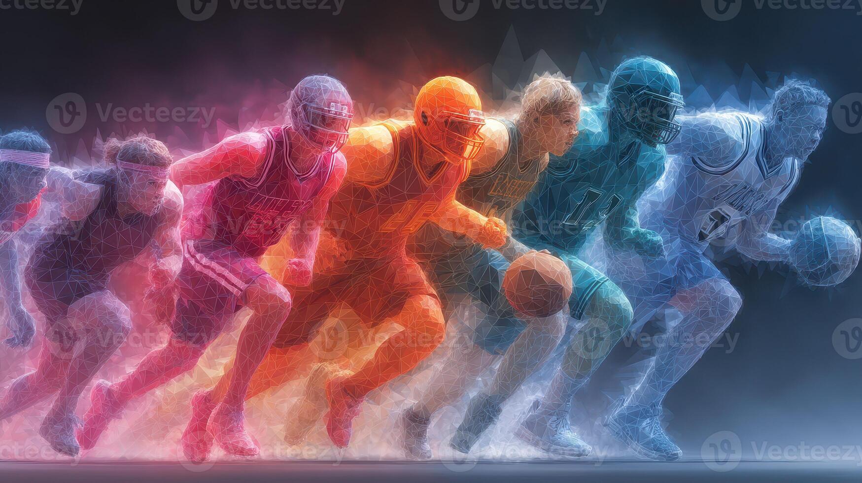 Dynamic athletes in vibrant colors showcasing basketball and football elements during an energetic competition photo