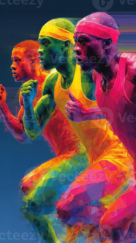 Brightly colored runners sprinting in a dynamic and energetic race, showcasing athleticism and determination photo