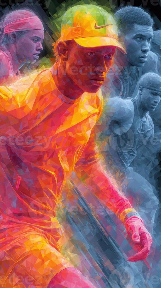 Athletes in vibrant colors showcase dynamic movement in an urban sports setting photo