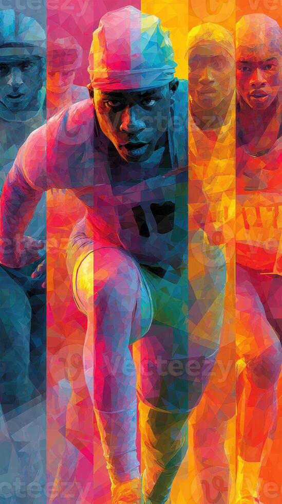 Dynamic athletes sprinting towards victory during a vibrant race, showcasing determination and strength in colorful abstract style photo
