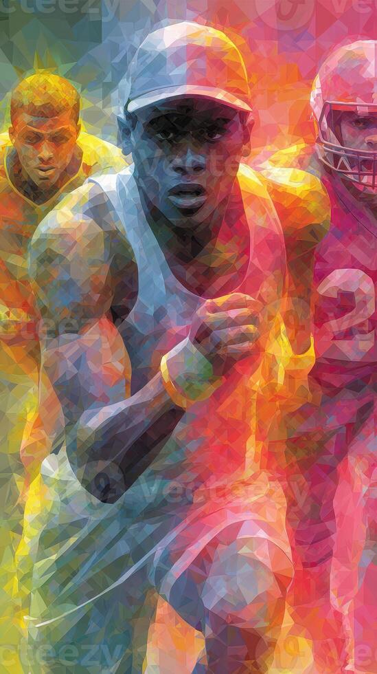 Dynamic athletes in vibrant colors competing during a sporting event on a sunny day photo