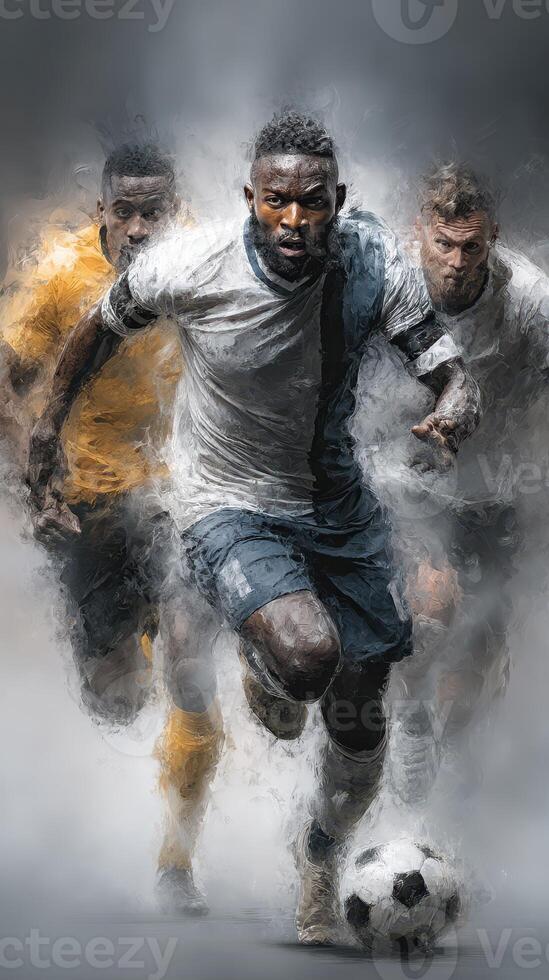 Intense football players sprinting towards the goal during a competitive match in an urban setting photo