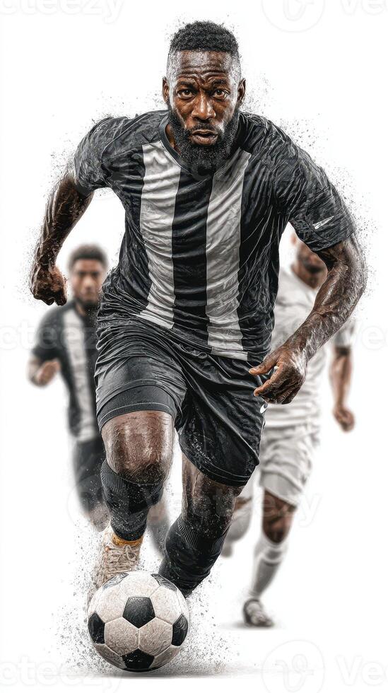 Dynamic soccer player sprinting towards goal with teammates in action during an intense match in a stadium photo