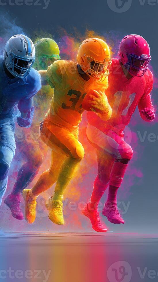 Dynamic display of colorful football players in motion showcasing athleticism and team spirit photo