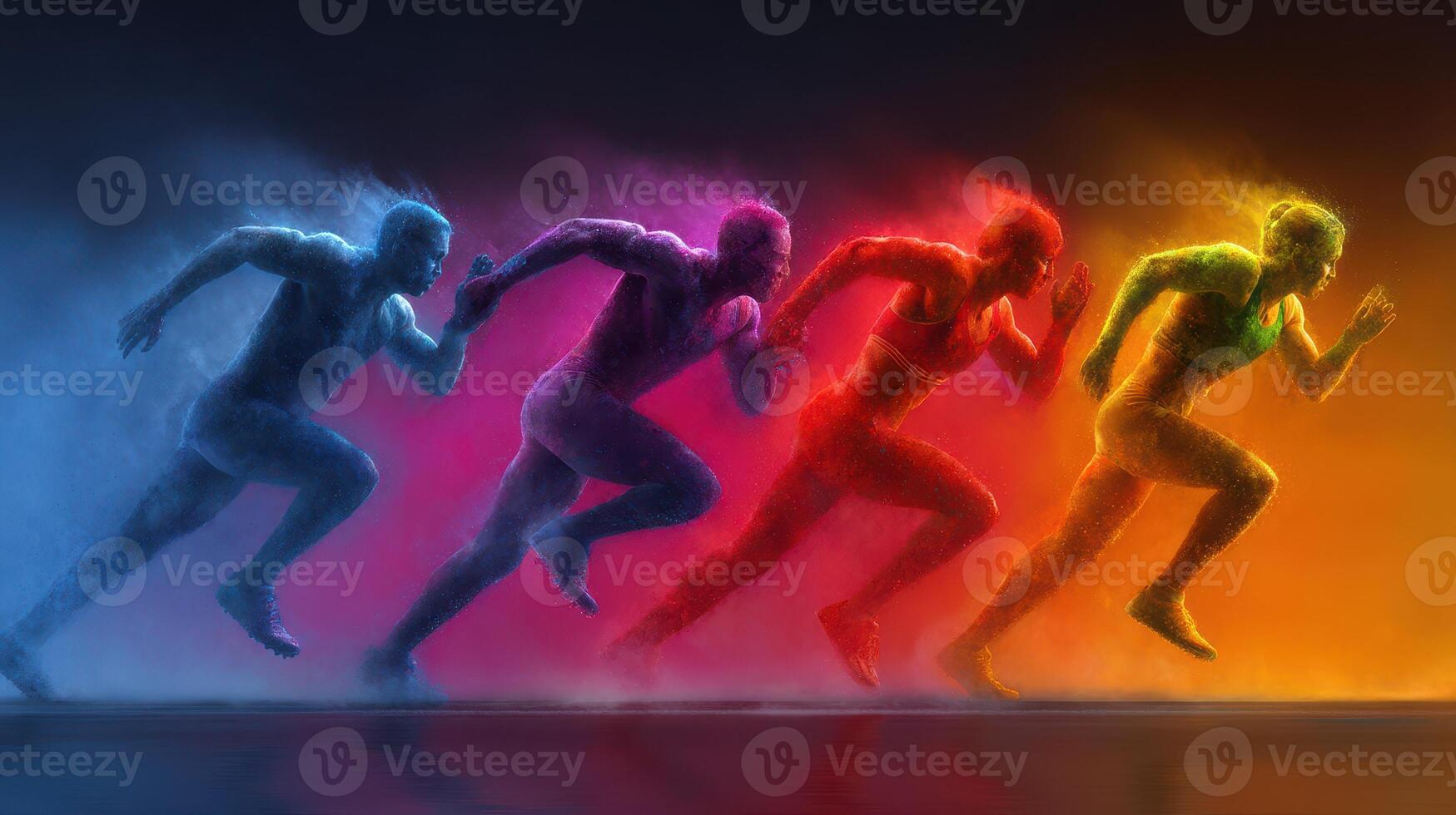Dynamic representation of human movement with vibrant color effects showcasing four runners in motion photo