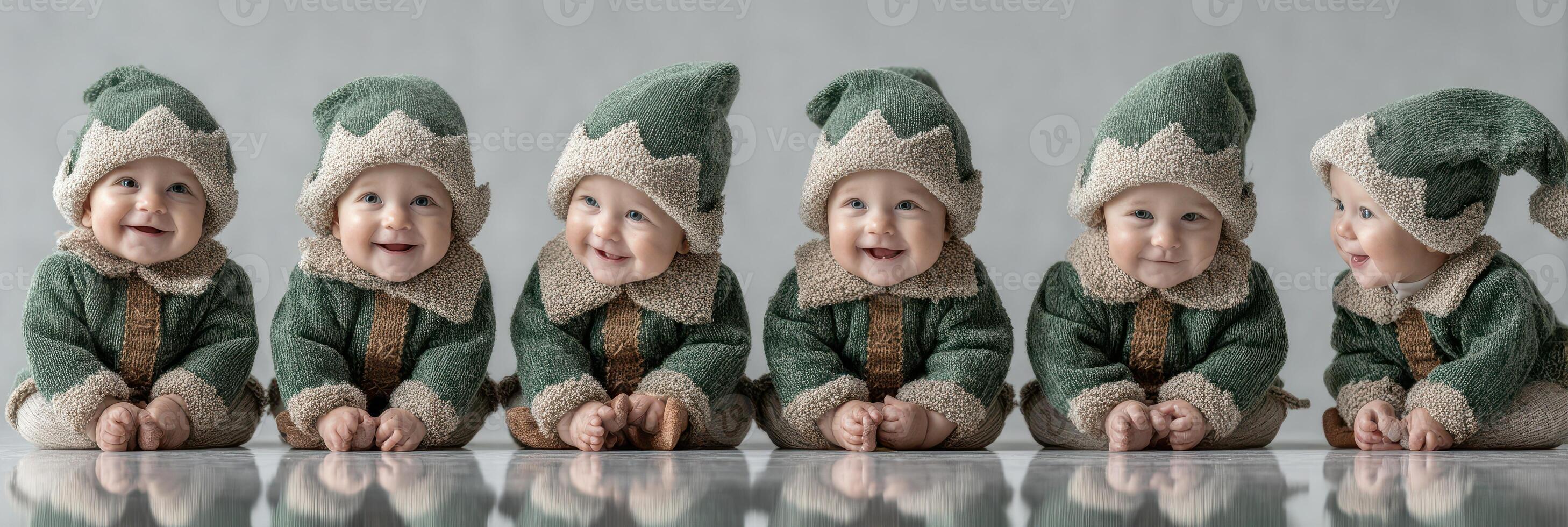 Six adorable babies dressed in matching elf costumes pose against a neutral backdrop during a winter photo session