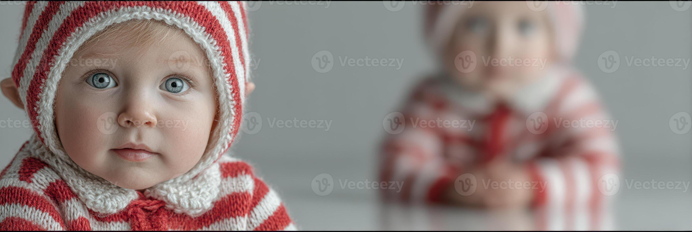 Cute baby in striped outfit sits in front of another child wearing similar attire in soft lighting photo