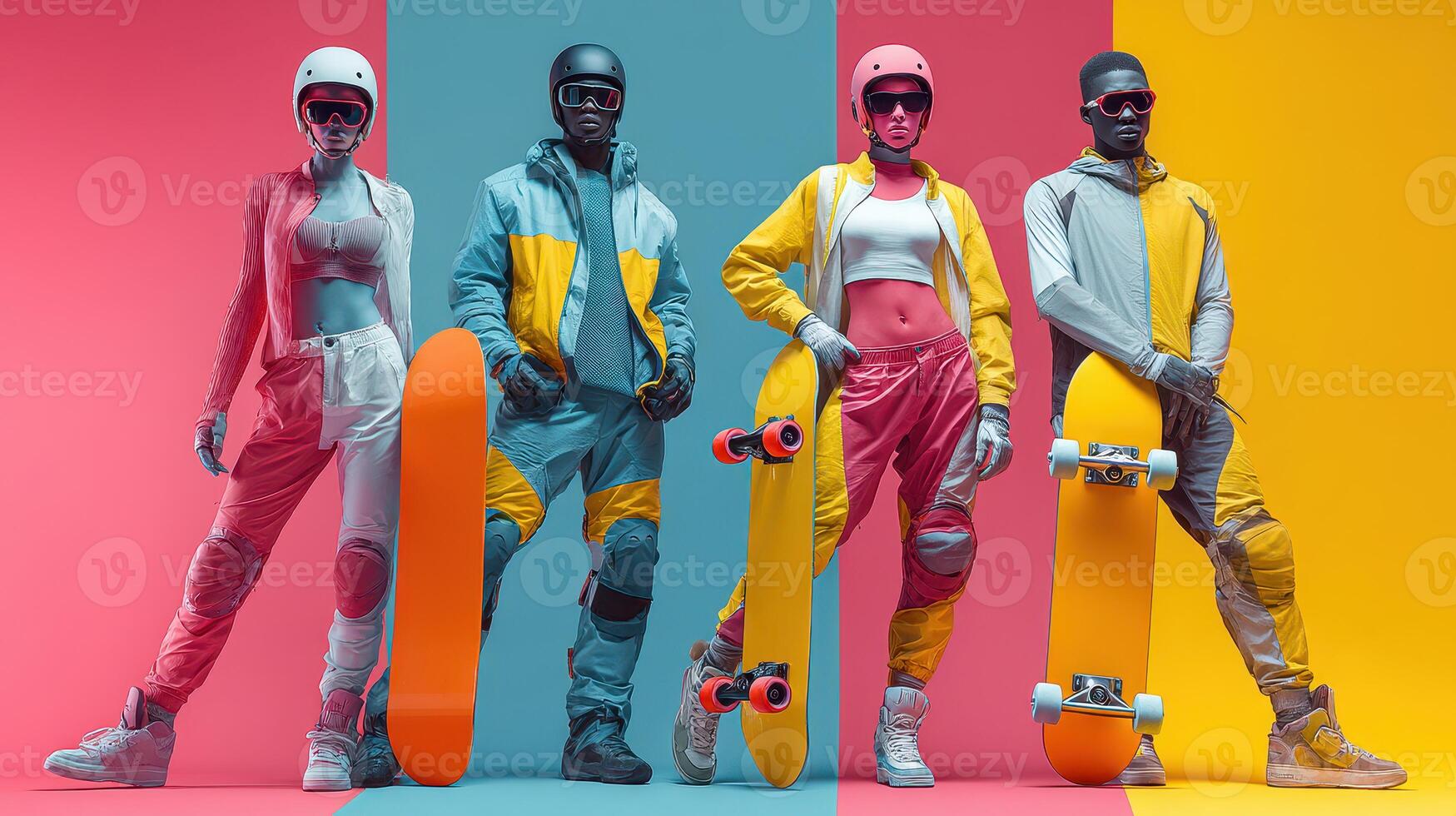 Group of stylish skaters posing with colorful skateboards against a vibrant backdrop photo