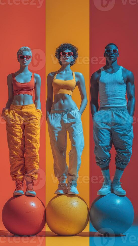 Models pose on large exercise balls against a vibrant backdrop during a contemporary fashion photoshoot in a studio setting photo