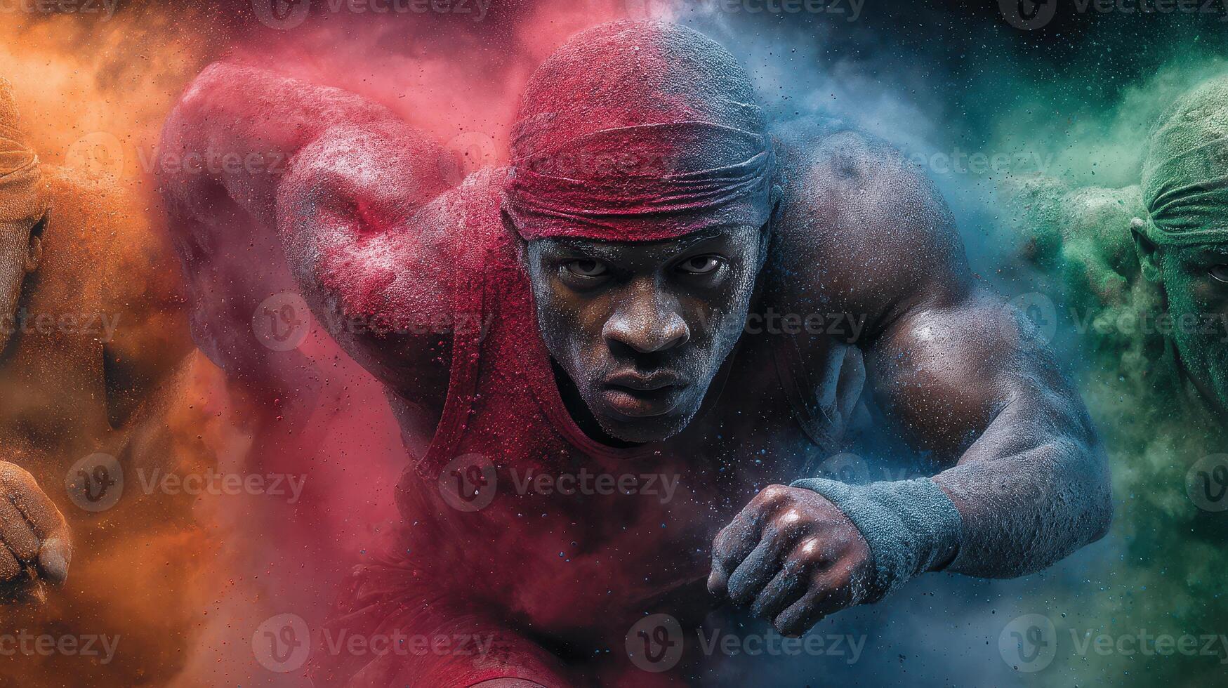 Dynamic athlete in vibrant colors showcasing strength and determination during a sprint photo