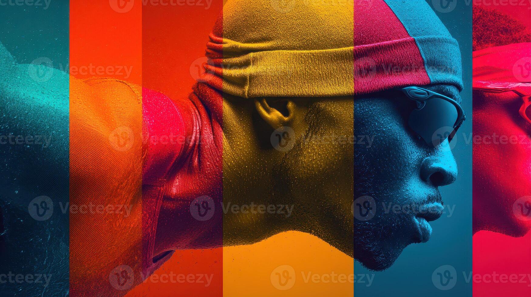 Dramatic underwater portrait of a swimmer showcasing determination and focus during a competitive event in vibrant colors photo