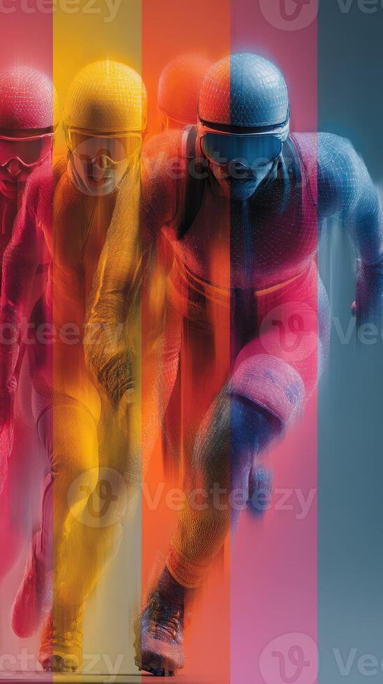 Dynamic athletes sprinting in vibrant colors during a speed skating competition in a modern arena photo