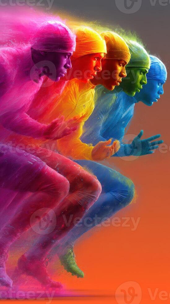 Vibrant runners competing in a colorful sprint with powder bursts captured in a dynamic display of speed and energy photo