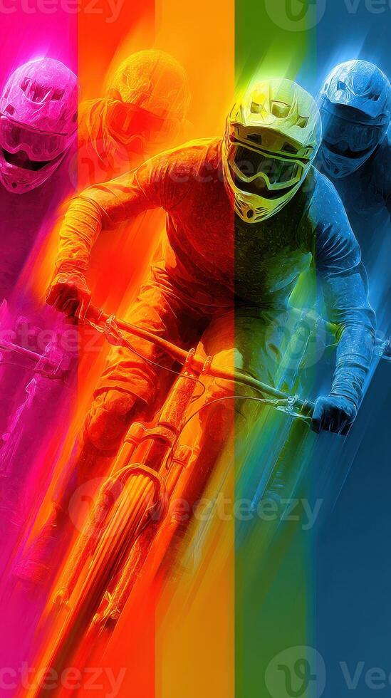 Biking enthusiast racing through vibrant trails under an energizing atmosphere at sunset photo