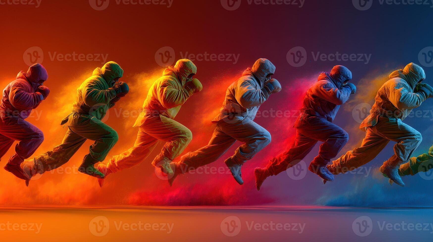 Dynamic display of movement with a runner in motion across a colorful gradient background photo