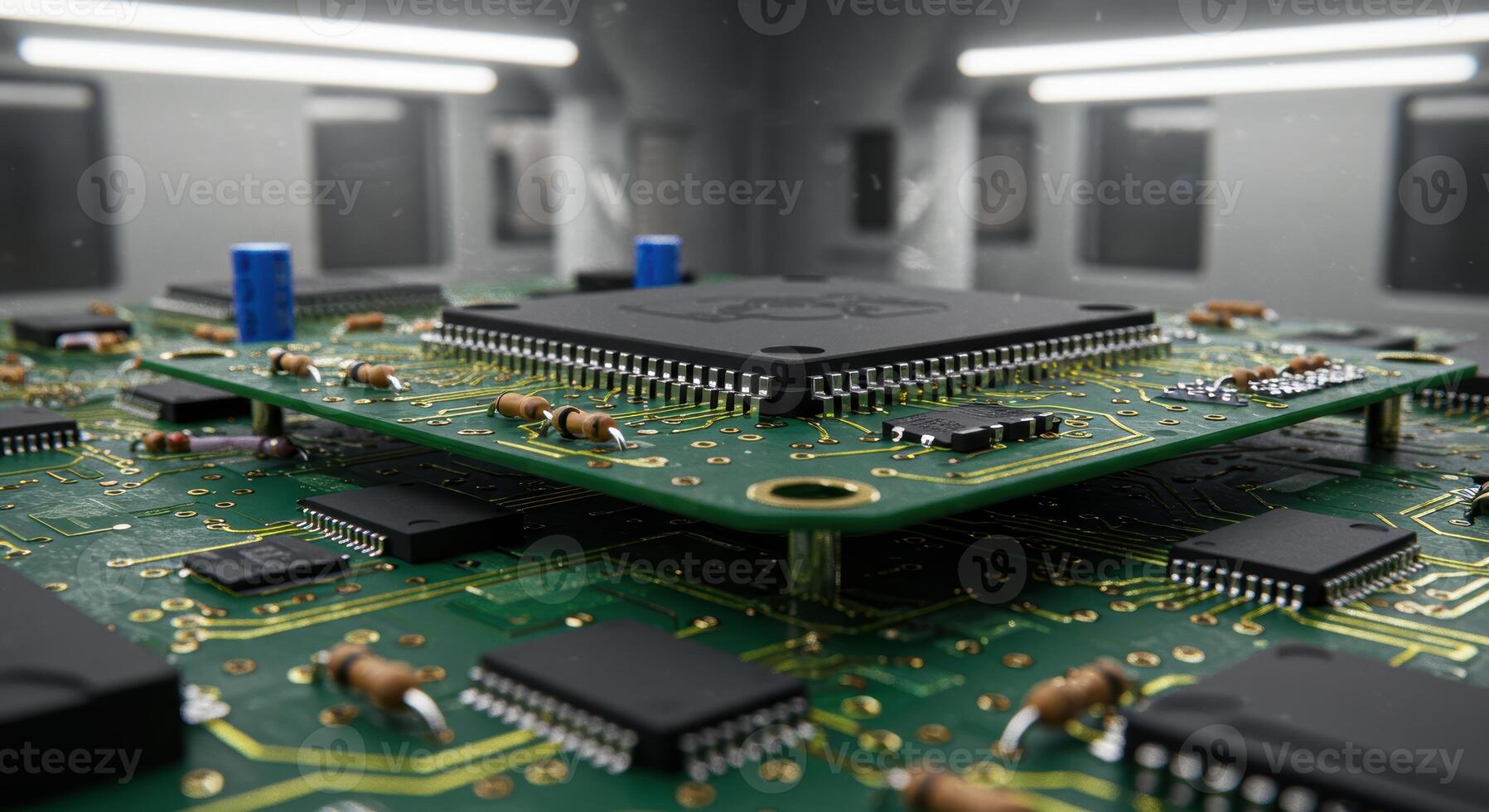 Close Up of Circuit Board with Electronic Components photo