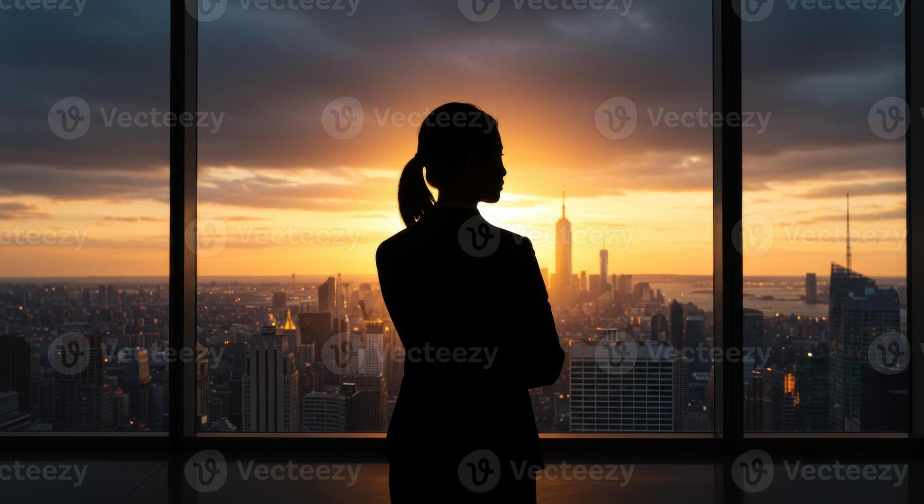 Businesswoman Silhouette Looking at City Skyline Sunset View photo