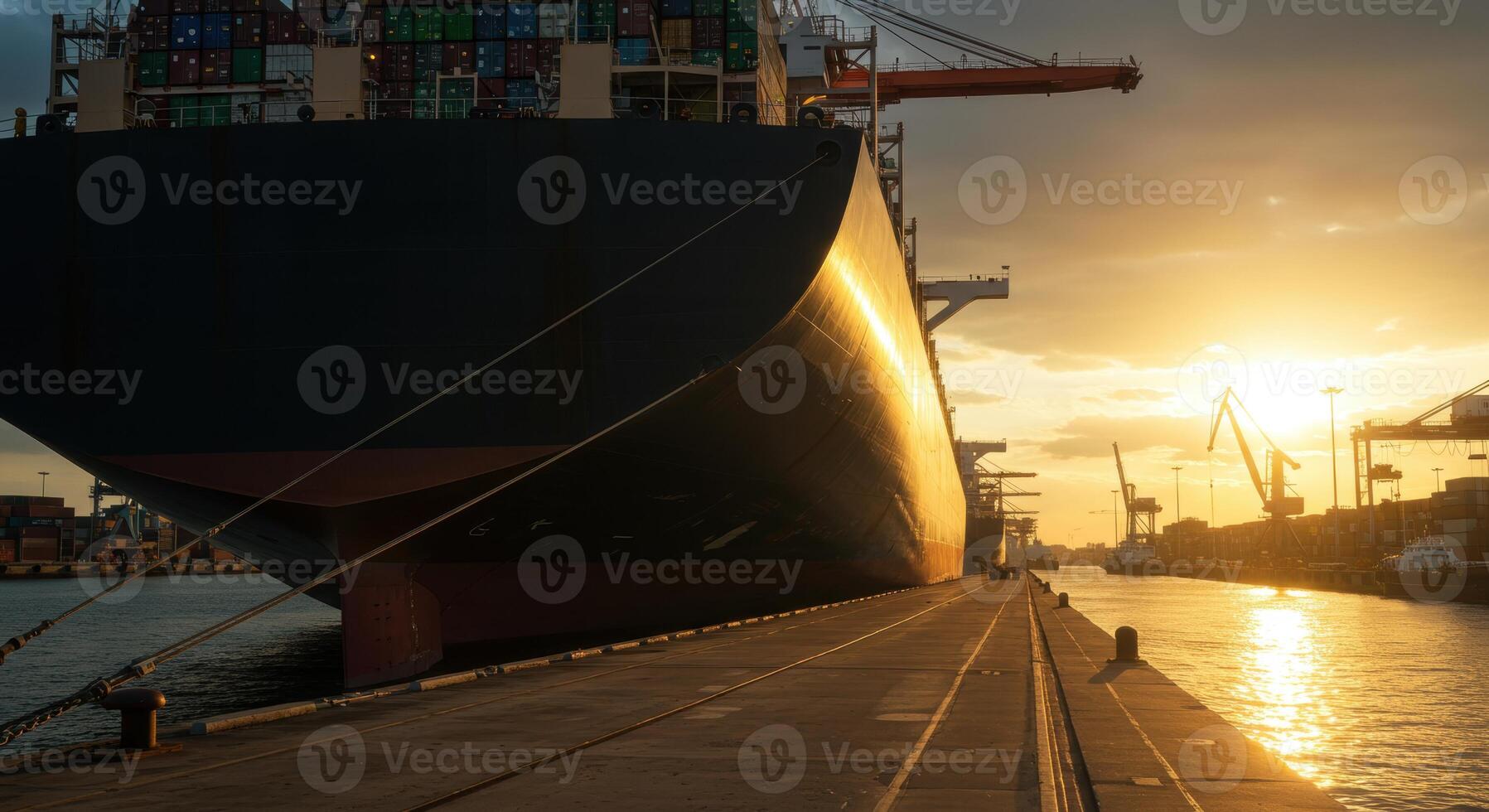 Large Container Ship Docked at Port Terminal During Sunset photo