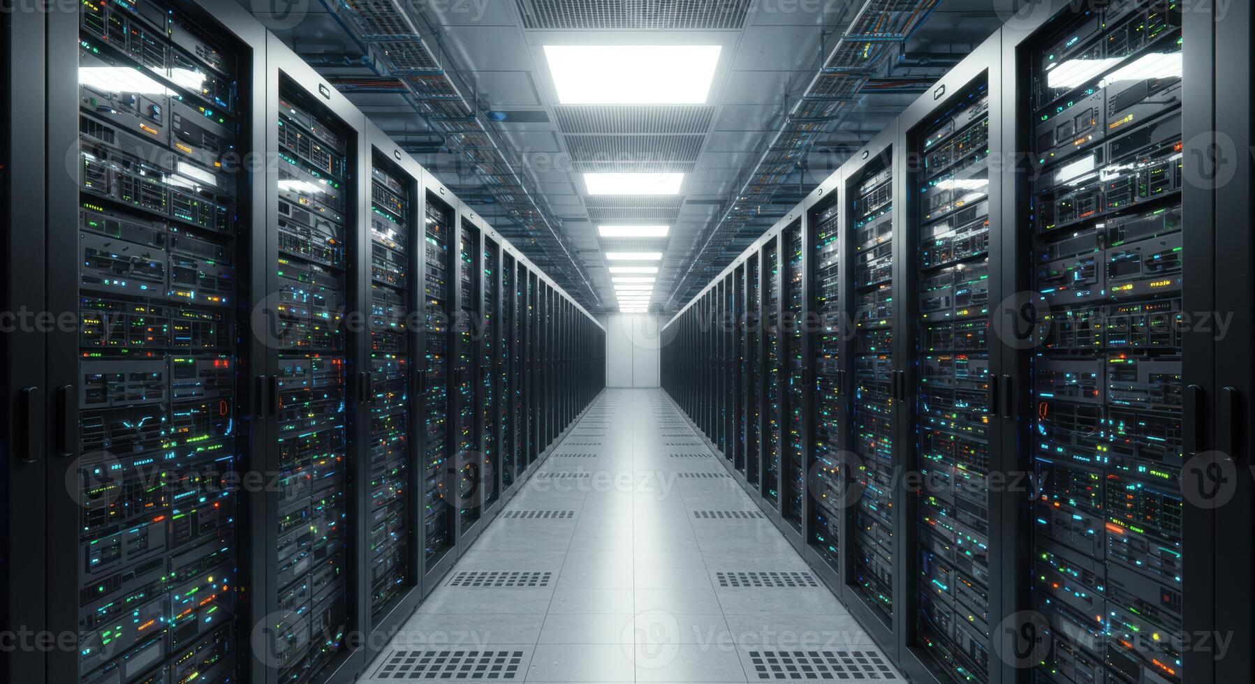 Symmetrical View Inside High-Tech Server Data Center photo