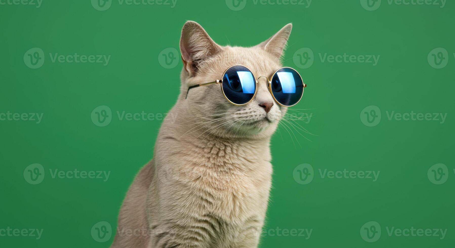 Funny Cat Wearing Round Sunglasses on Green Background photo