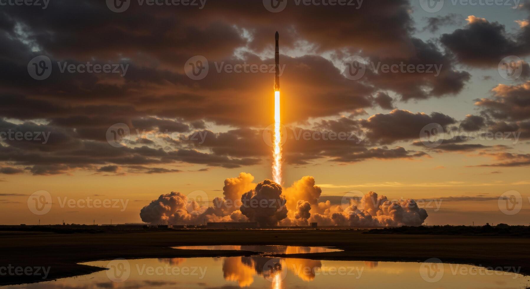 Rocket Launch with Flames and Smoke at Sunset photo