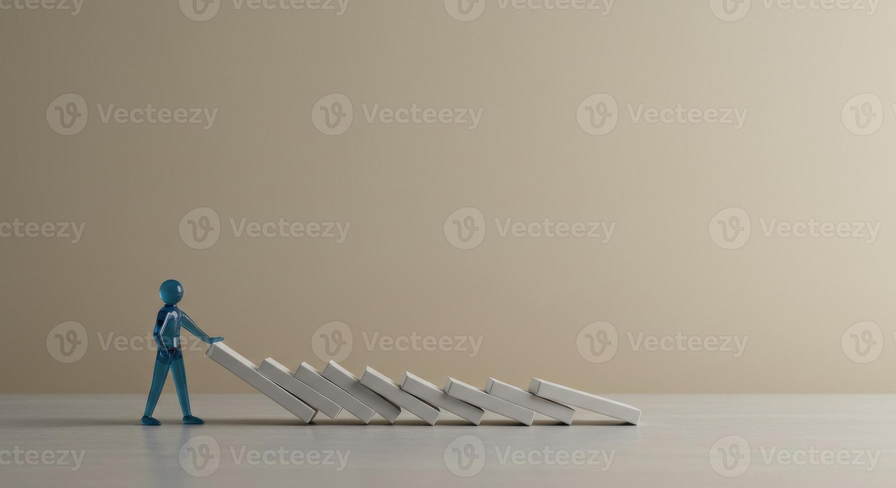 Abstract figure pushing falling dominoes photo