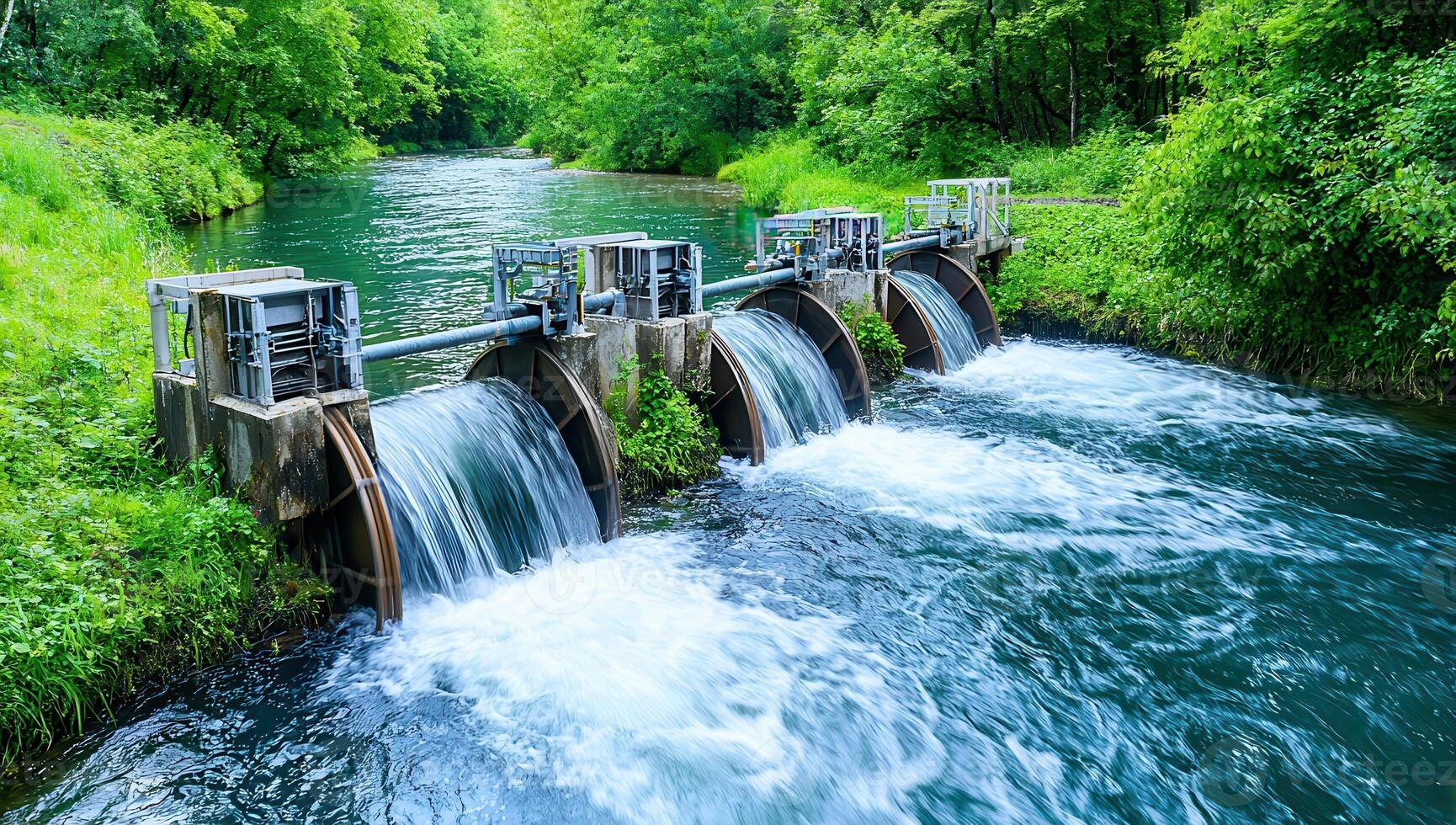 Weir on a River in a Green Forest photo
