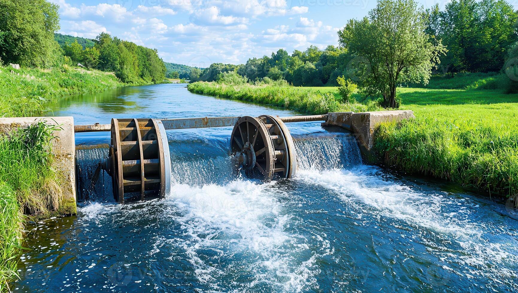 Water Wheels on River with Small Waterfall photo