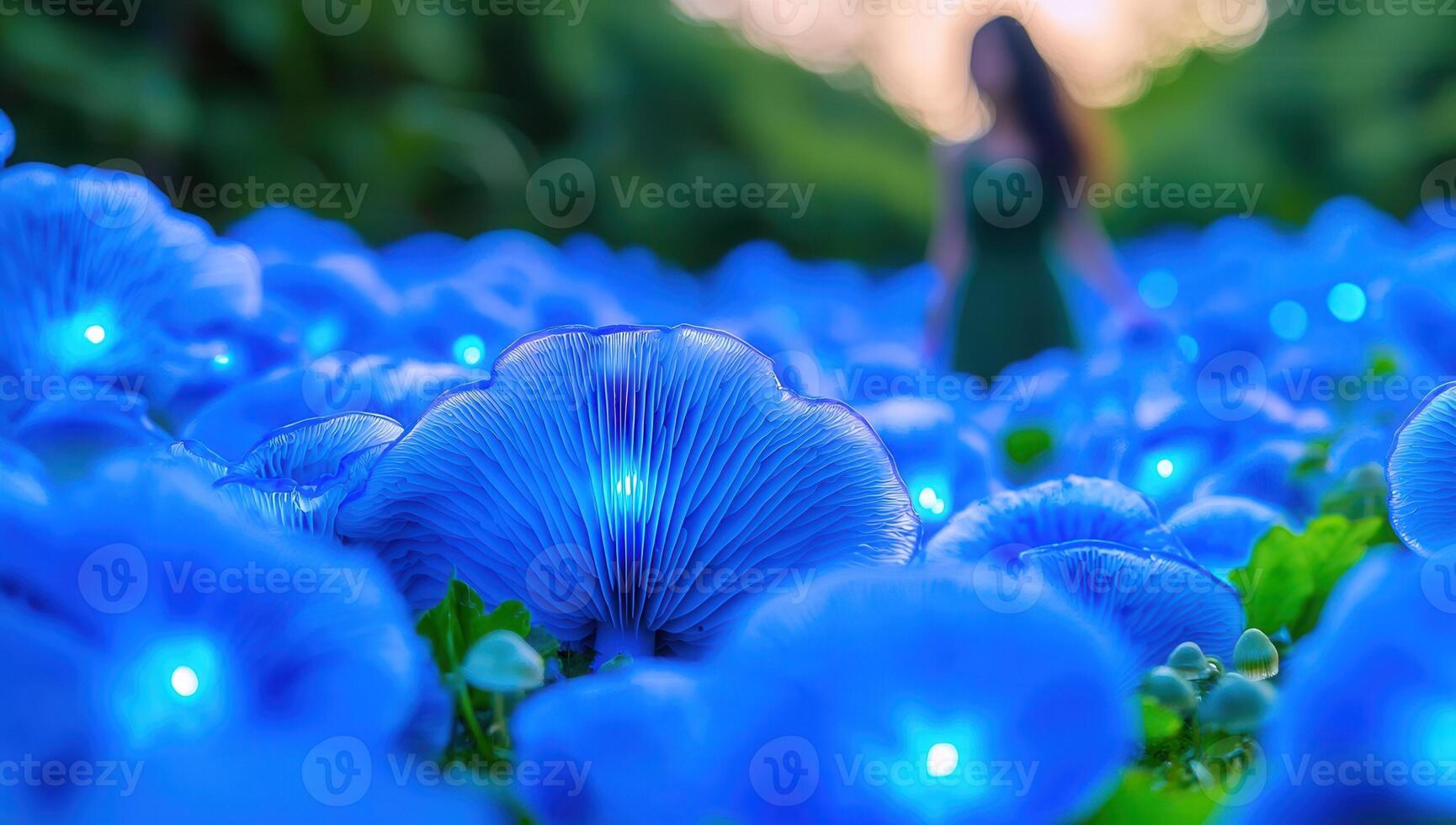 Glowing Blue Mushrooms Field with Person photo