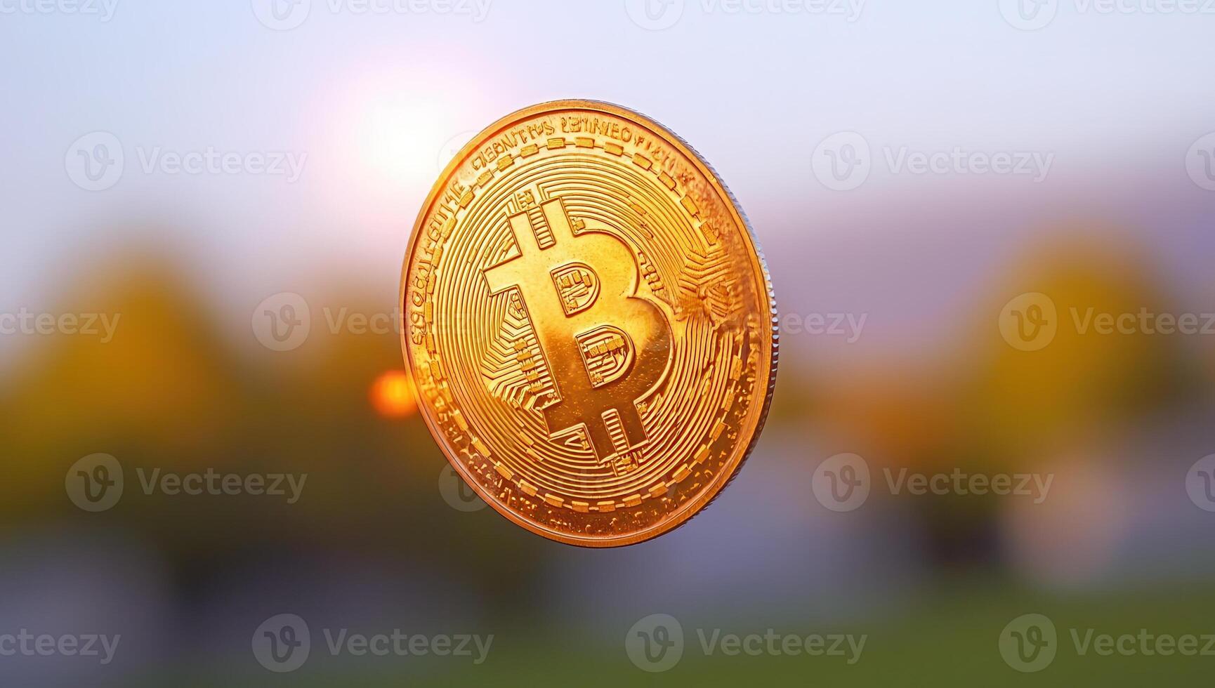 Golden Bitcoin Coin Floating with Sunlight photo