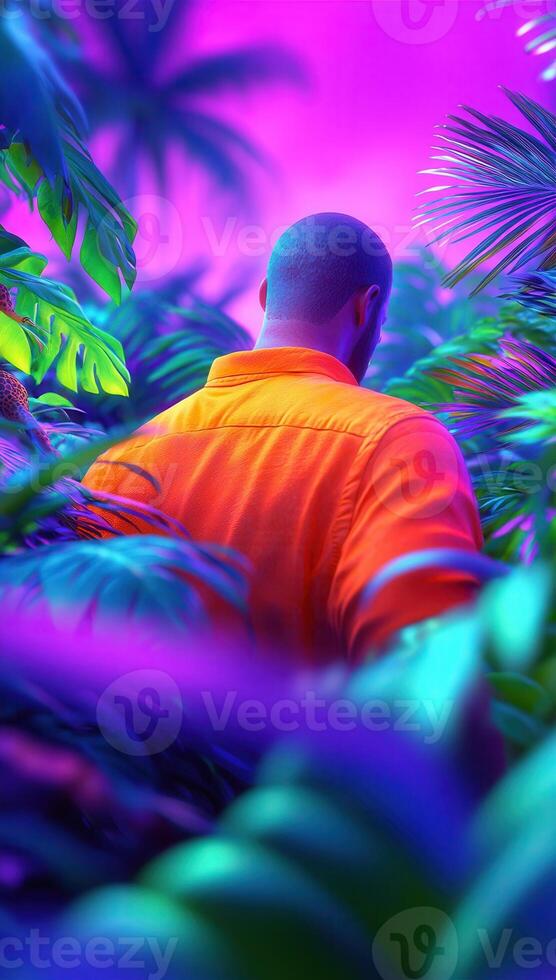 Person in Orange Shirt in Vibrant Tropical Jungle photo