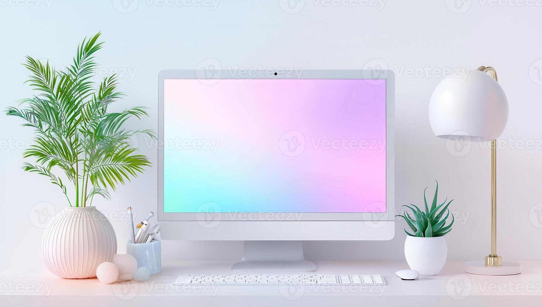 Modern Minimalist Computer Desk Setup with Plants photo