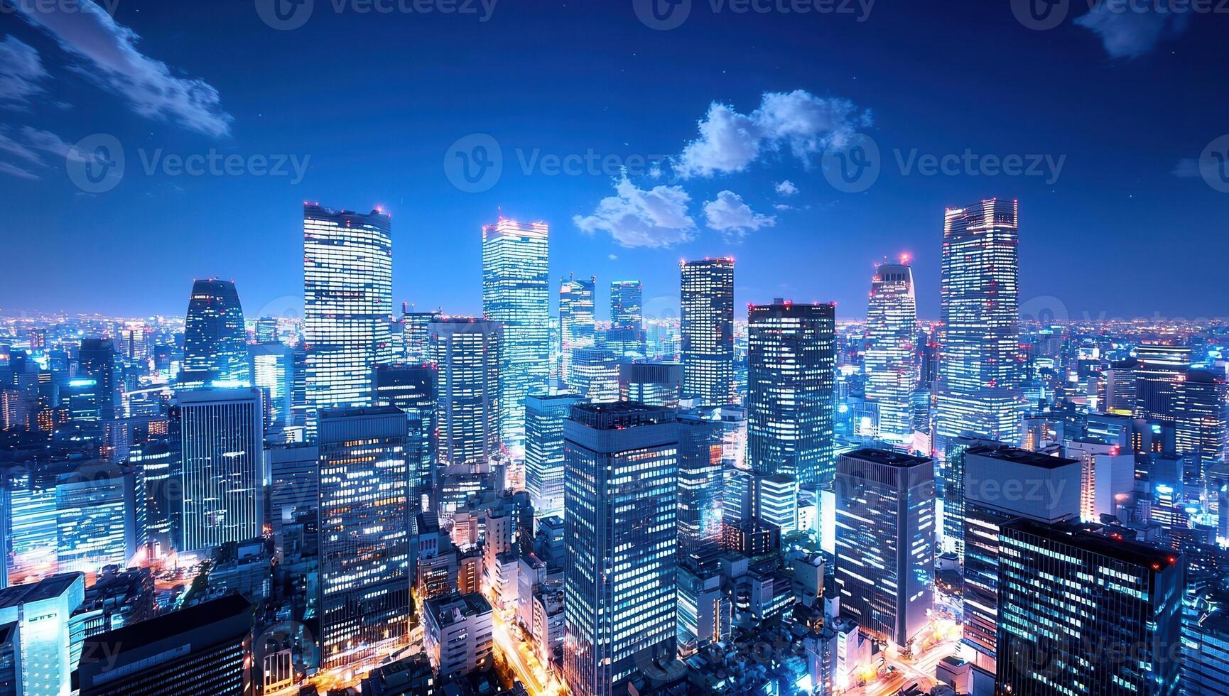 City Skyline at Night with Illuminated Buildings photo