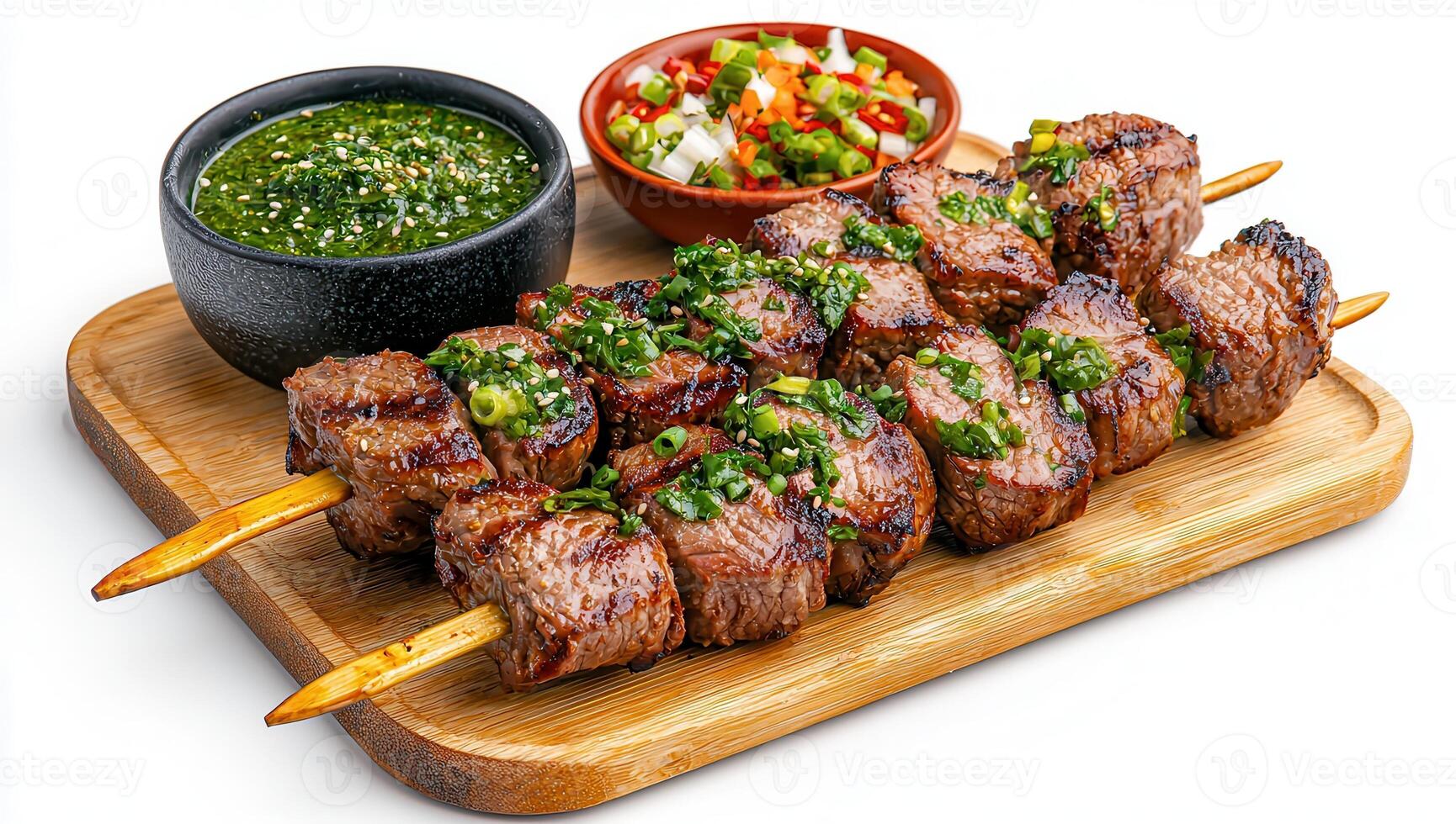 Grilled Beef Skewers with Chimichurri and Salsa photo