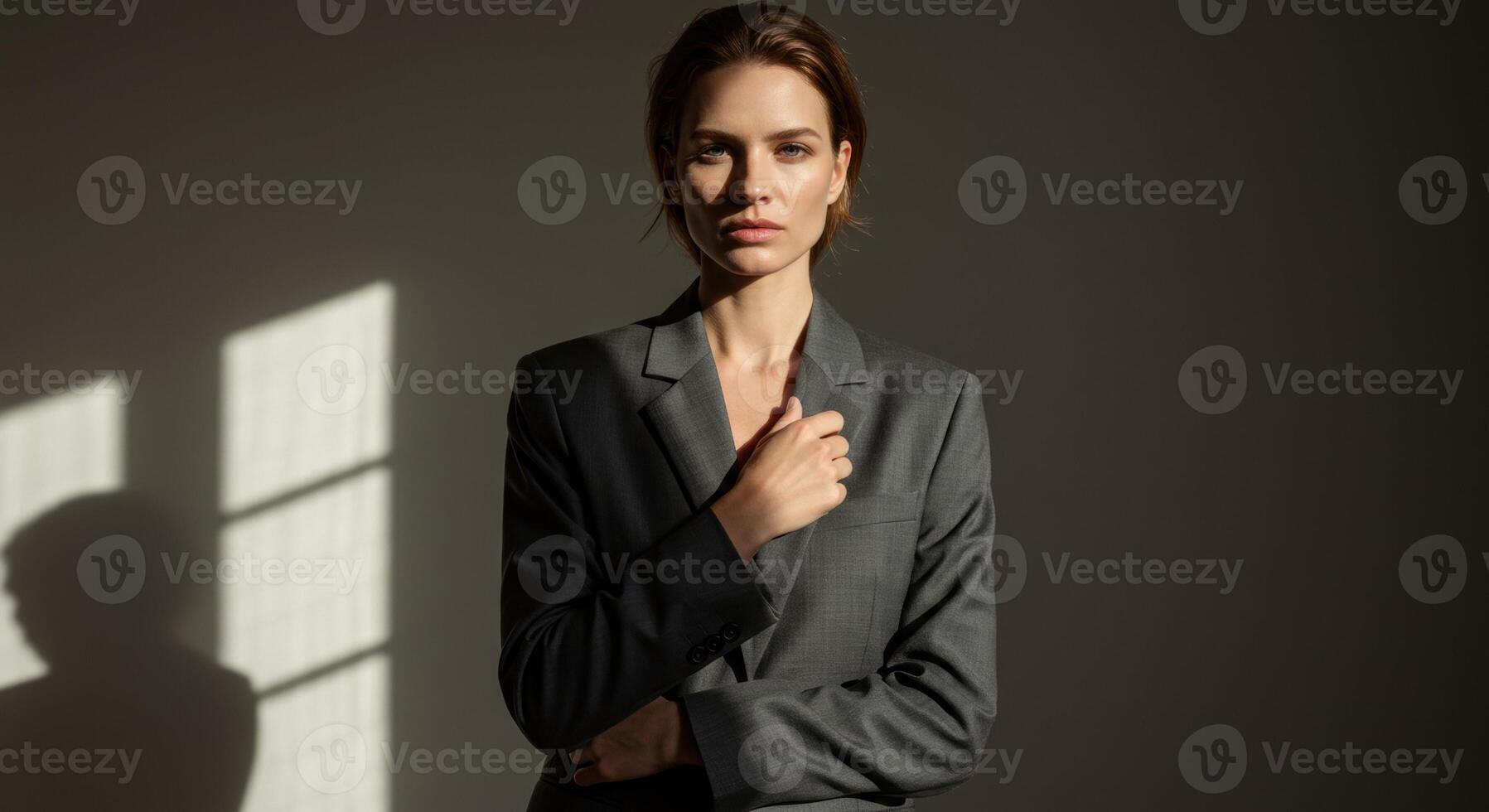 Serious Professional Woman in Grey Suit Portrait photo