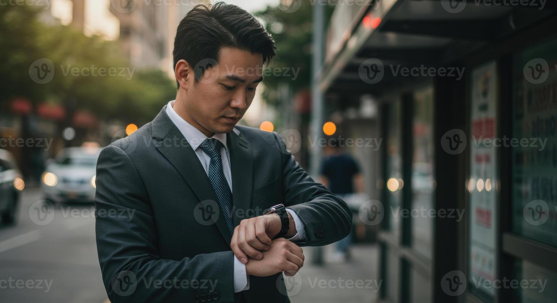 Businessman Checking Time on Smartwatch Outdoors photo