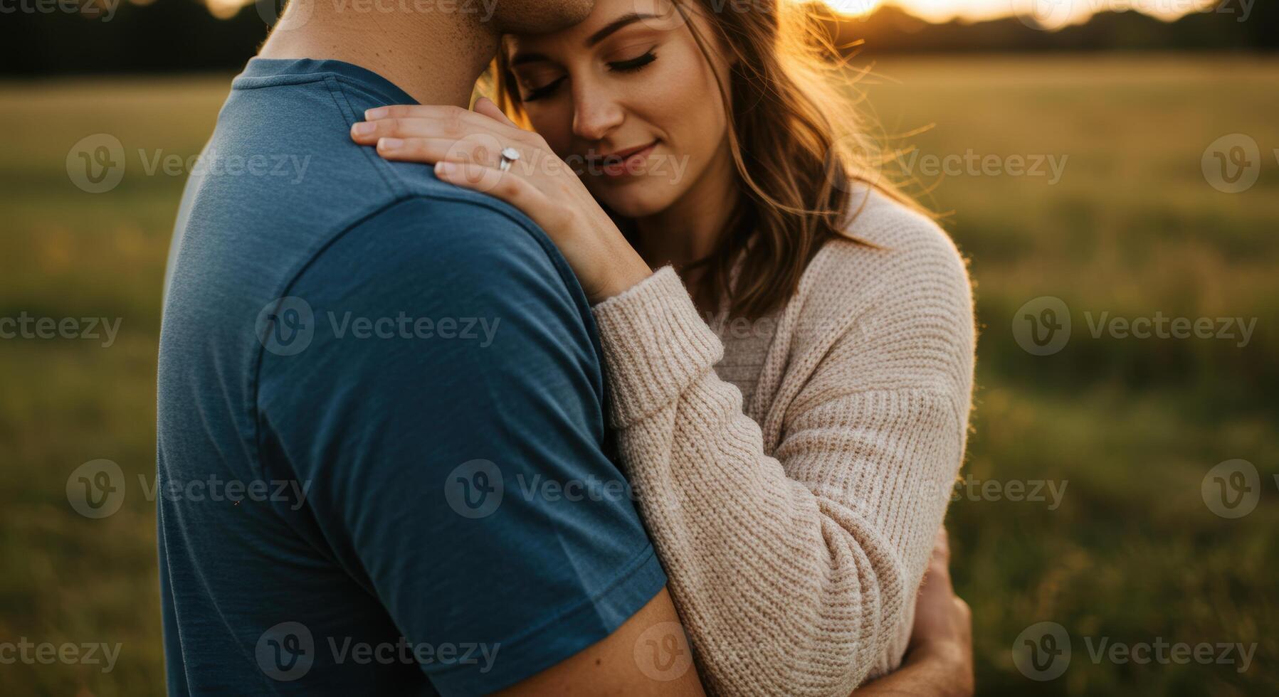 Man and Woman Embrace in Field at Golden Hour photo