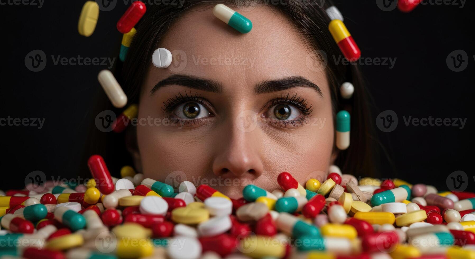 Young Woman Surrounded by Colorful Pills and Capsules photo