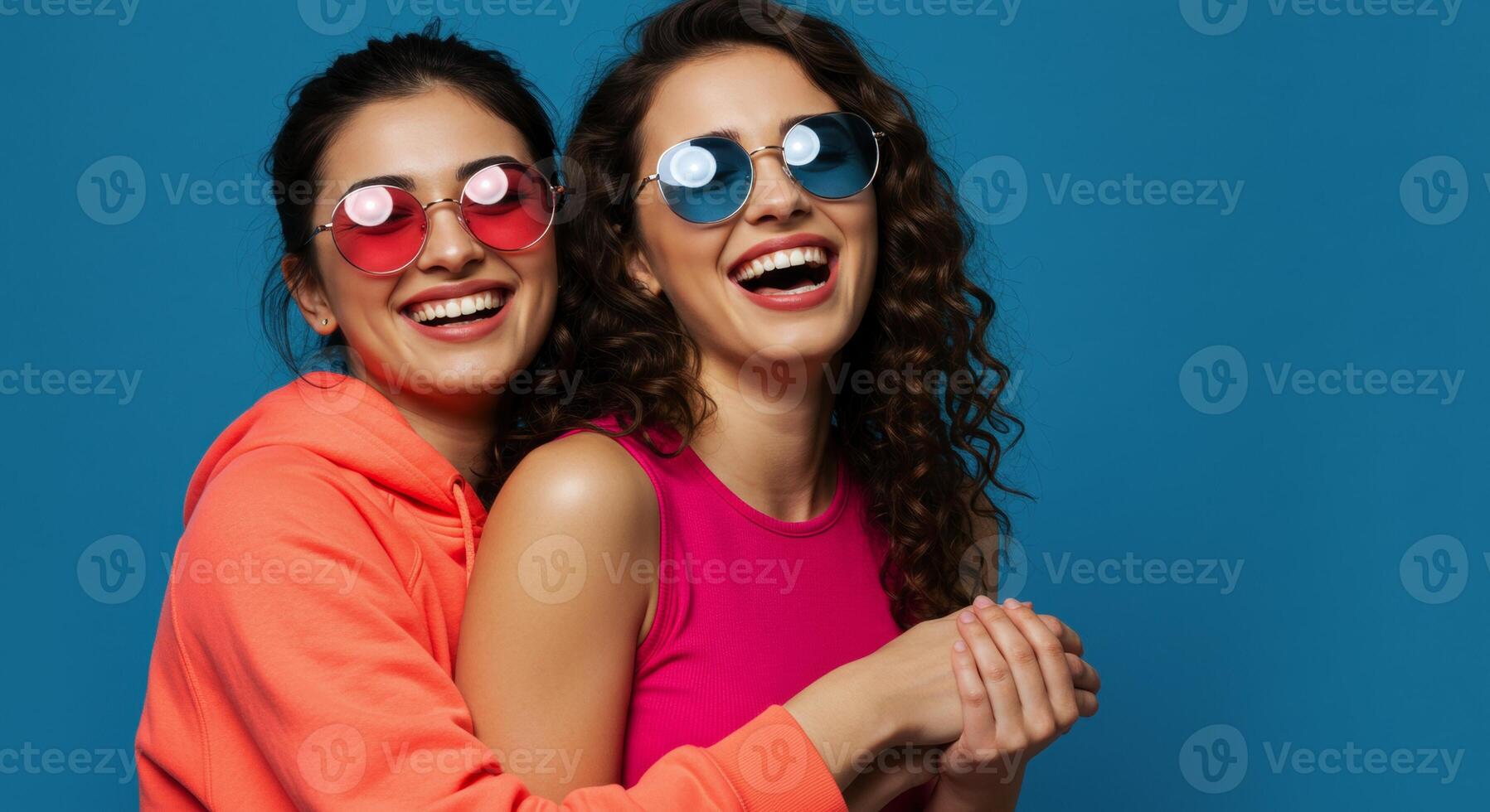 Two happy young women friends hugging and laughing wearing colorful sunglasses photo