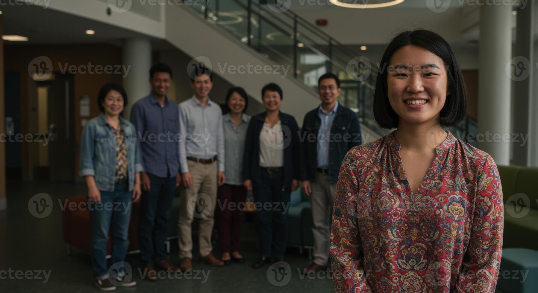 Cheerful young east asian woman with diverse group of colleagues in modern building photo