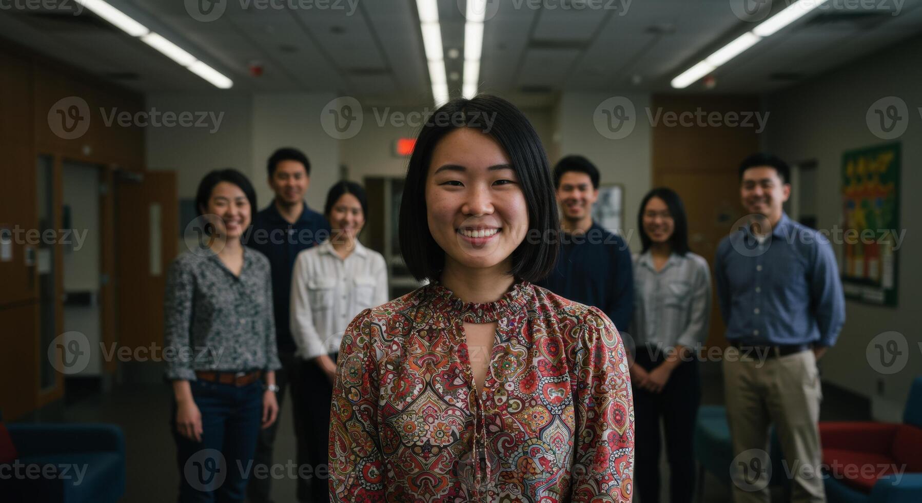 Cheerful young east asian woman stands with diverse group in indoor setting. photo