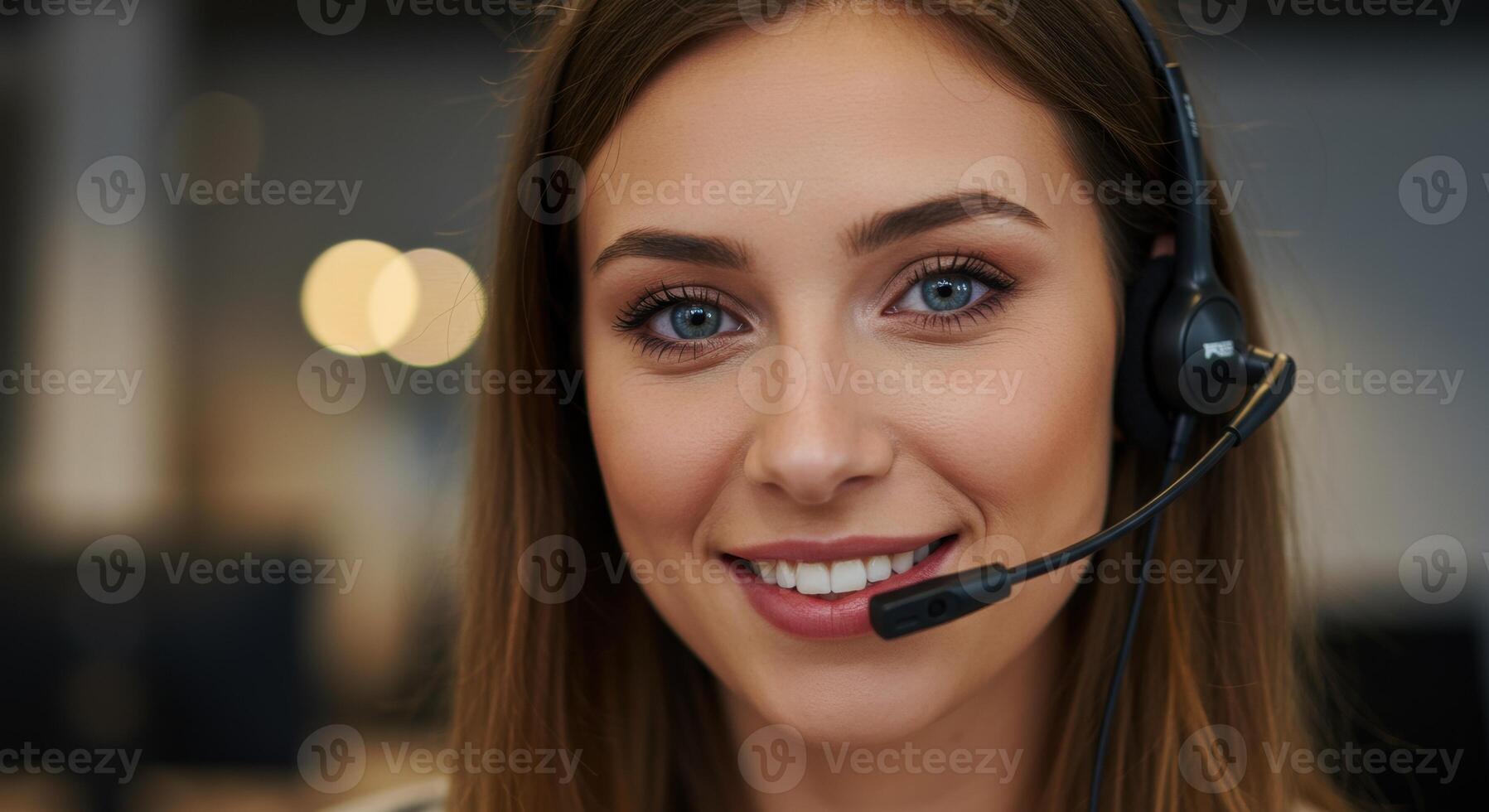 Young woman wearing headset smiling for customer service and online support photo
