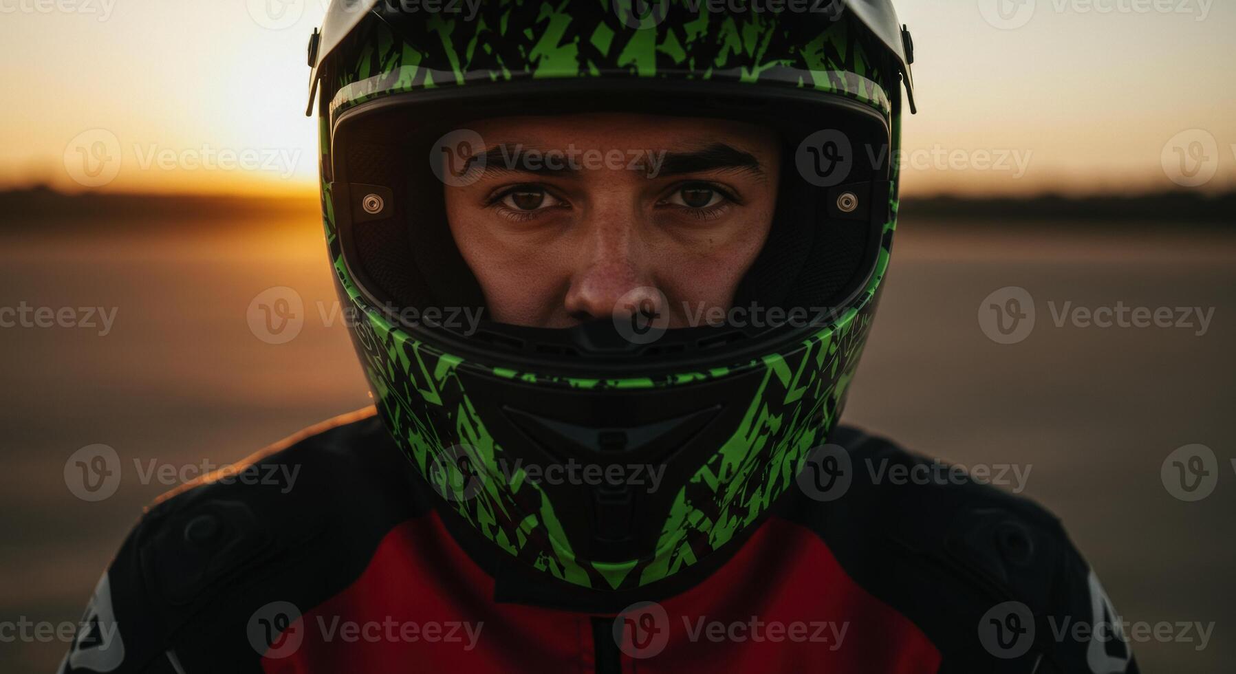 Close up portrait of young man wearing motorcycle helmet at sunset photo
