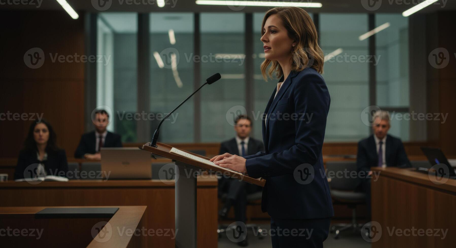 Woman lawyer speaks at podium in modern courtroom during legal trial photo