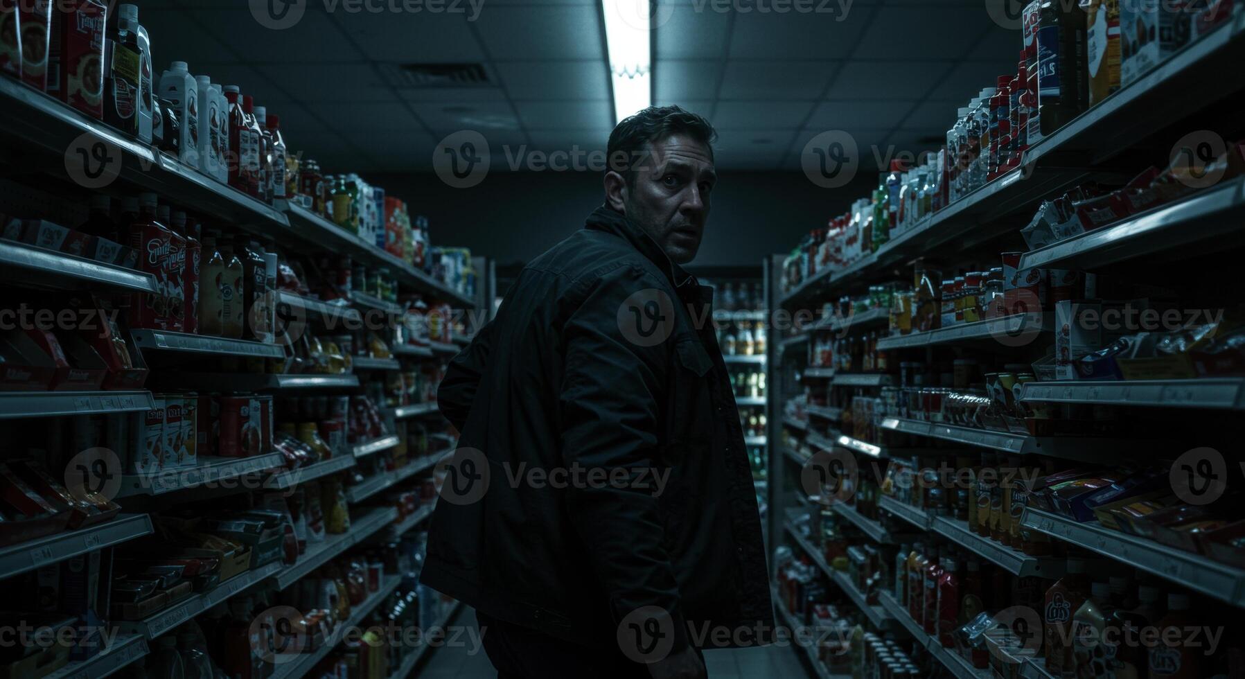 Man in dark jacket looks over shoulder in dimly lit convenience store aisle at night photo