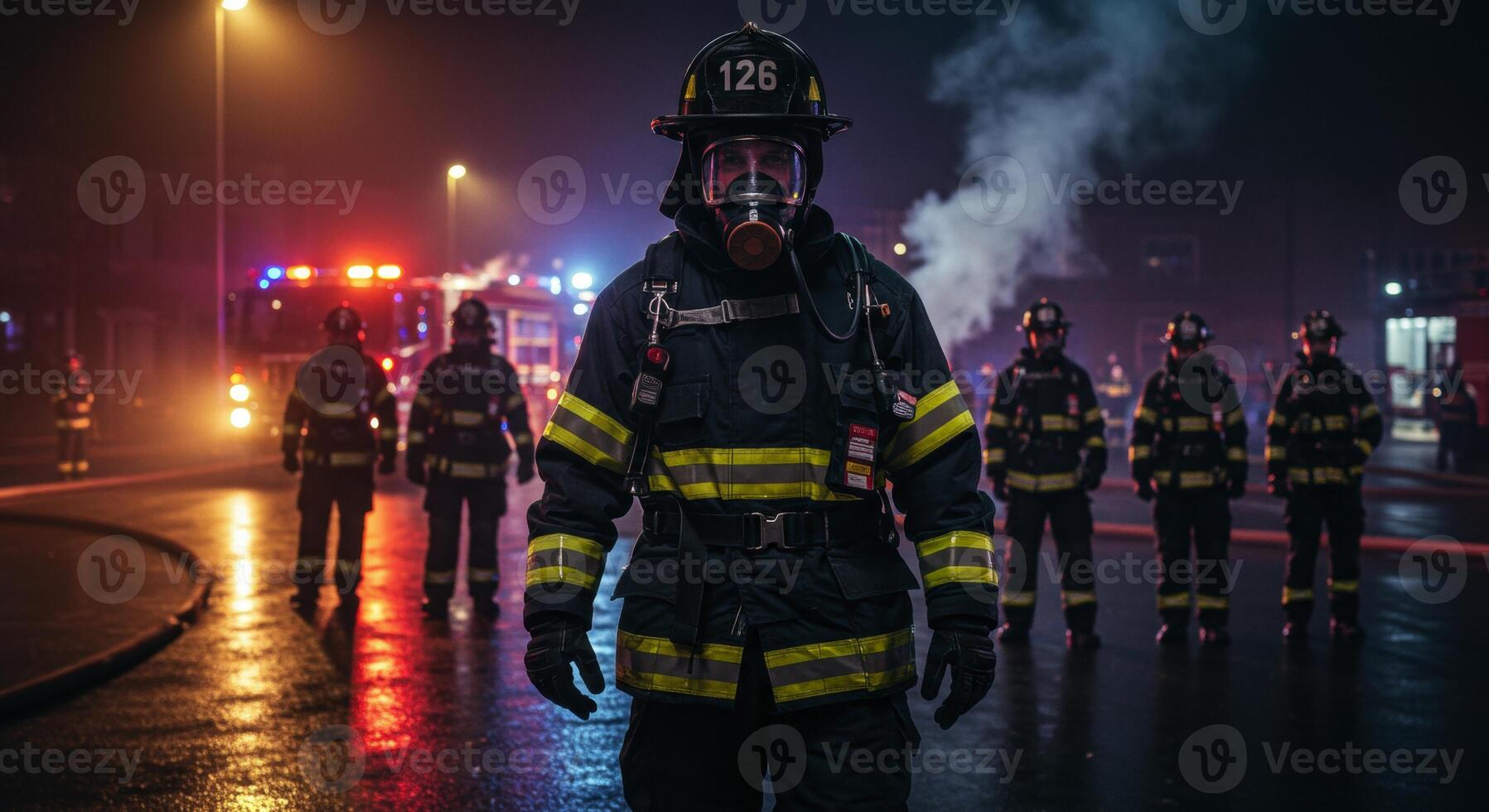 Firefighter in protective gear at night with fire trucks and crew photo