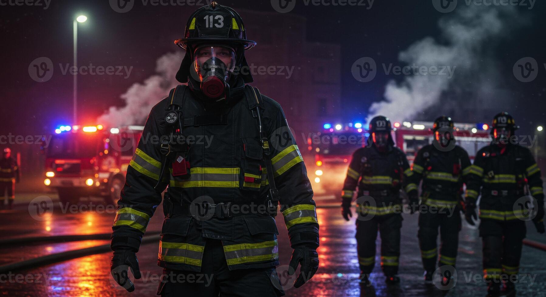 Firefighters stand on a wet street at night with fire trucks and flashing lights photo