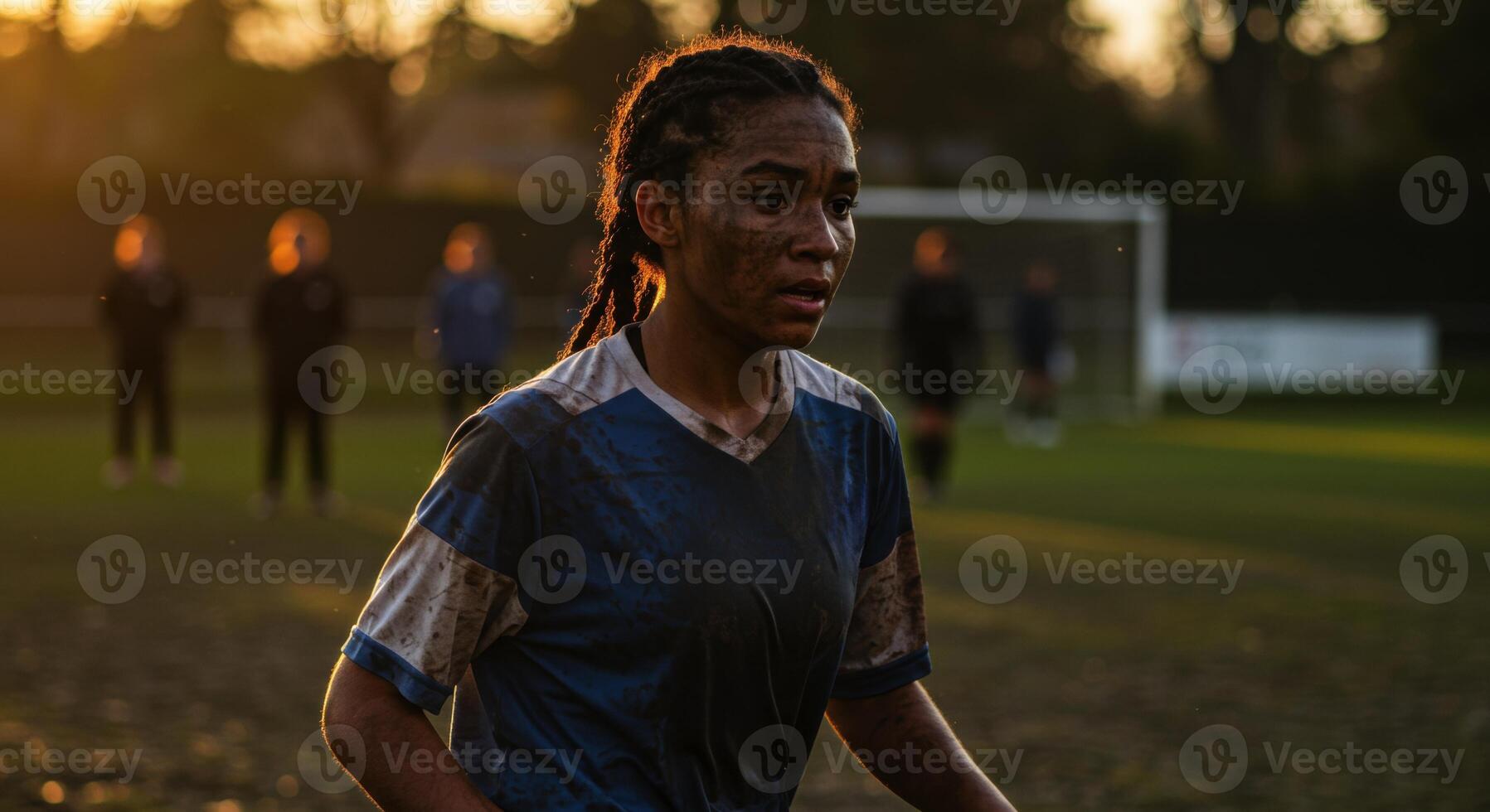 Female soccer player on muddy field showing determination and effort during game photo