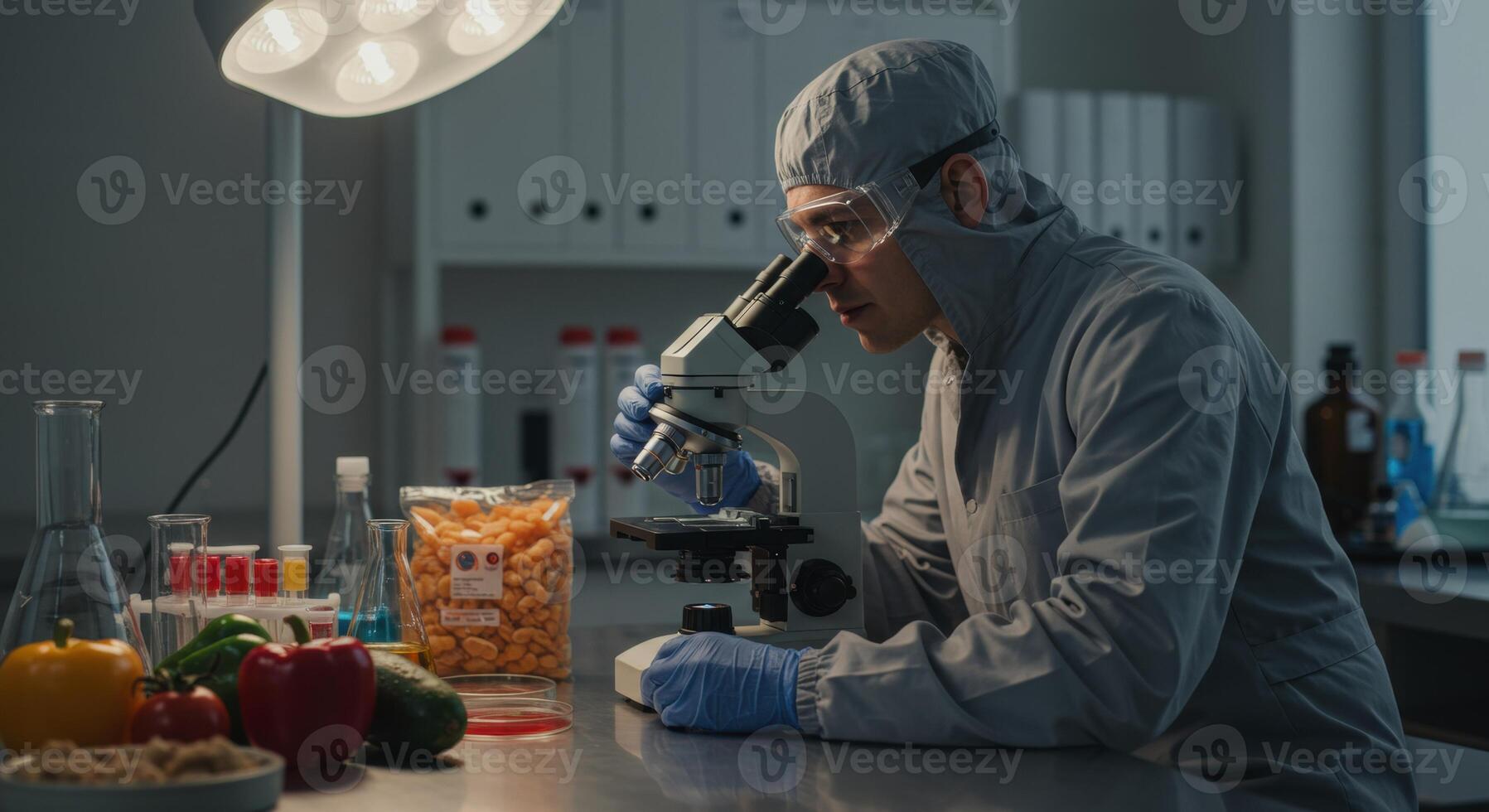 Scientist examining food sample under microscope in laboratory photo
