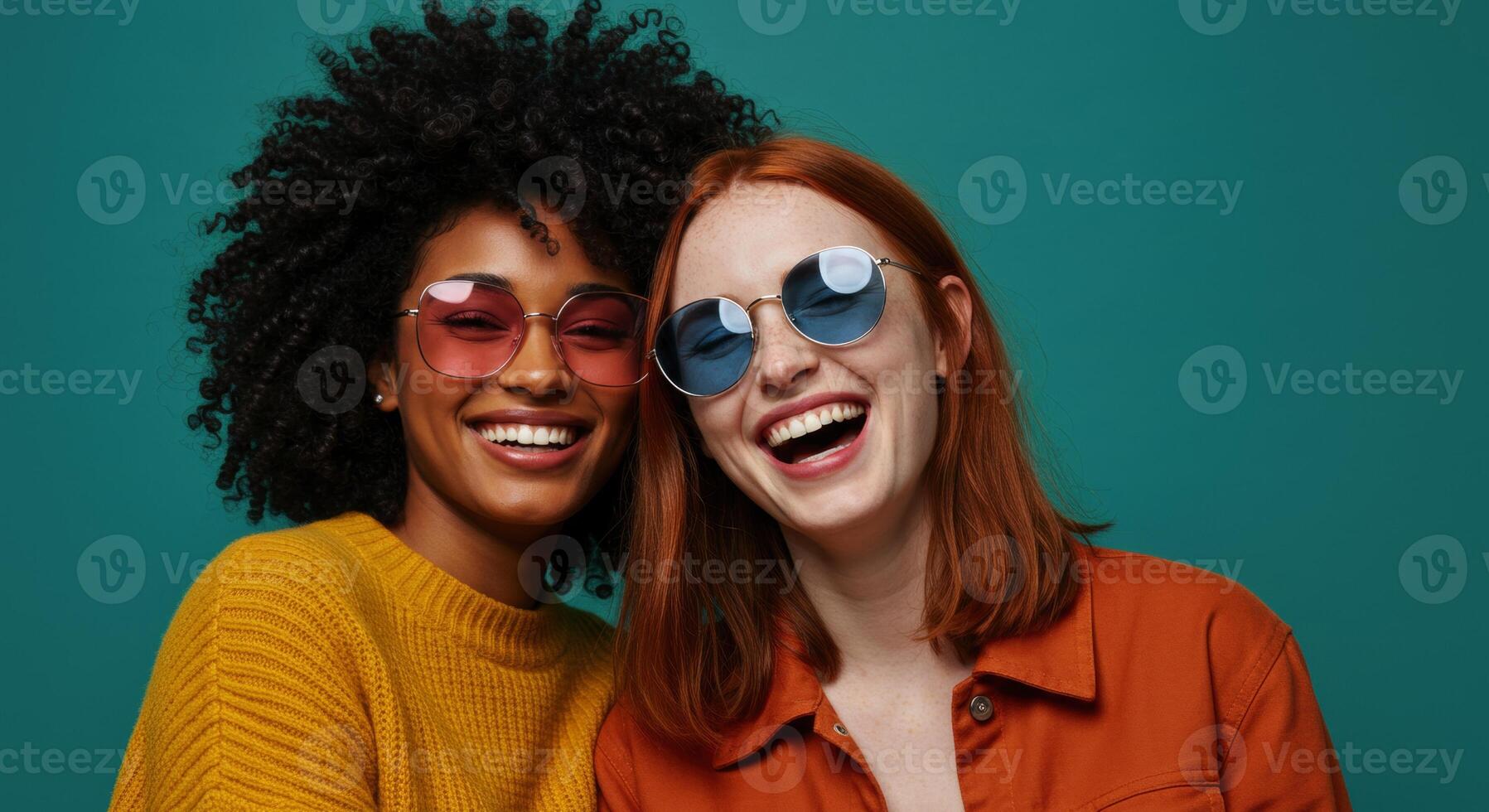 Two happy young women wearing sunglasses laughing together in studio photo